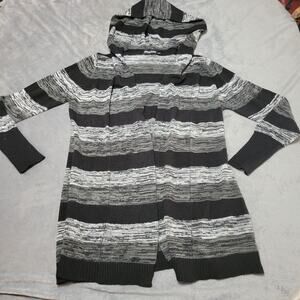 Domani Cardigan Women Medium Sweater Black Stripe Long Sleeves Cable Knit Hooded